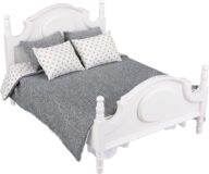 Dollhouse furniture Queen bed set, mini bedroom accessories for 12 inch dolls, grey bedding, white wooden frame, 1/6 scale