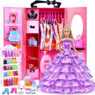 112 Pcs Doll Clothes and Accessories Set with Doll Closet Wardrobe for 11.5 Inch Girl Dolls Including Wardrobe Suitcase Clothes Dresses Swimsuits Shoes Hangers Necklace Bags and Other Stuff