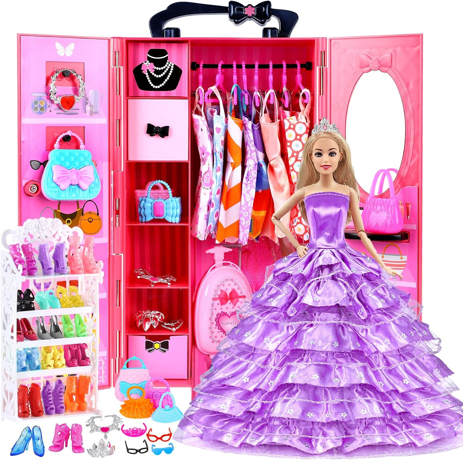 112 Pcs Doll Clothes and Accessories Set with Doll Closet Wardrobe for 11.5 Inch Girl Dolls Including Wardrobe Suitcase Clothes Dresses Swimsuits Shoes Hangers Necklace Bags and Other Stuff