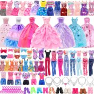 48 PCS Doll Clothes and Accessories 3 PCS Wedding Gowns 3 Tops 3 Pants 3 PCS Fashion Dresses 2 Sets Swimsuits Bikini 6 Braces Skirt 6 Necklace 10 Hangers and 15 pcs Shoes for 11.5 inch Doll