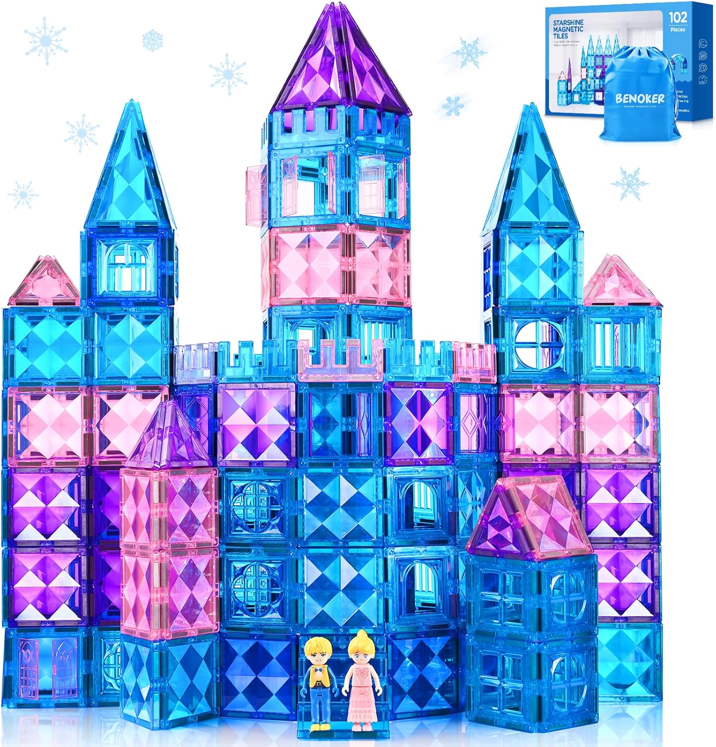 102pcs Frozen Castle Magnetic Tiles – 3D Diamond Building Blocks, STEM Educational Kids Toys for Pretend Play, 3 4 5 6 7 8 Year Old Girl Birthday Gifts for Your Princess and Prince