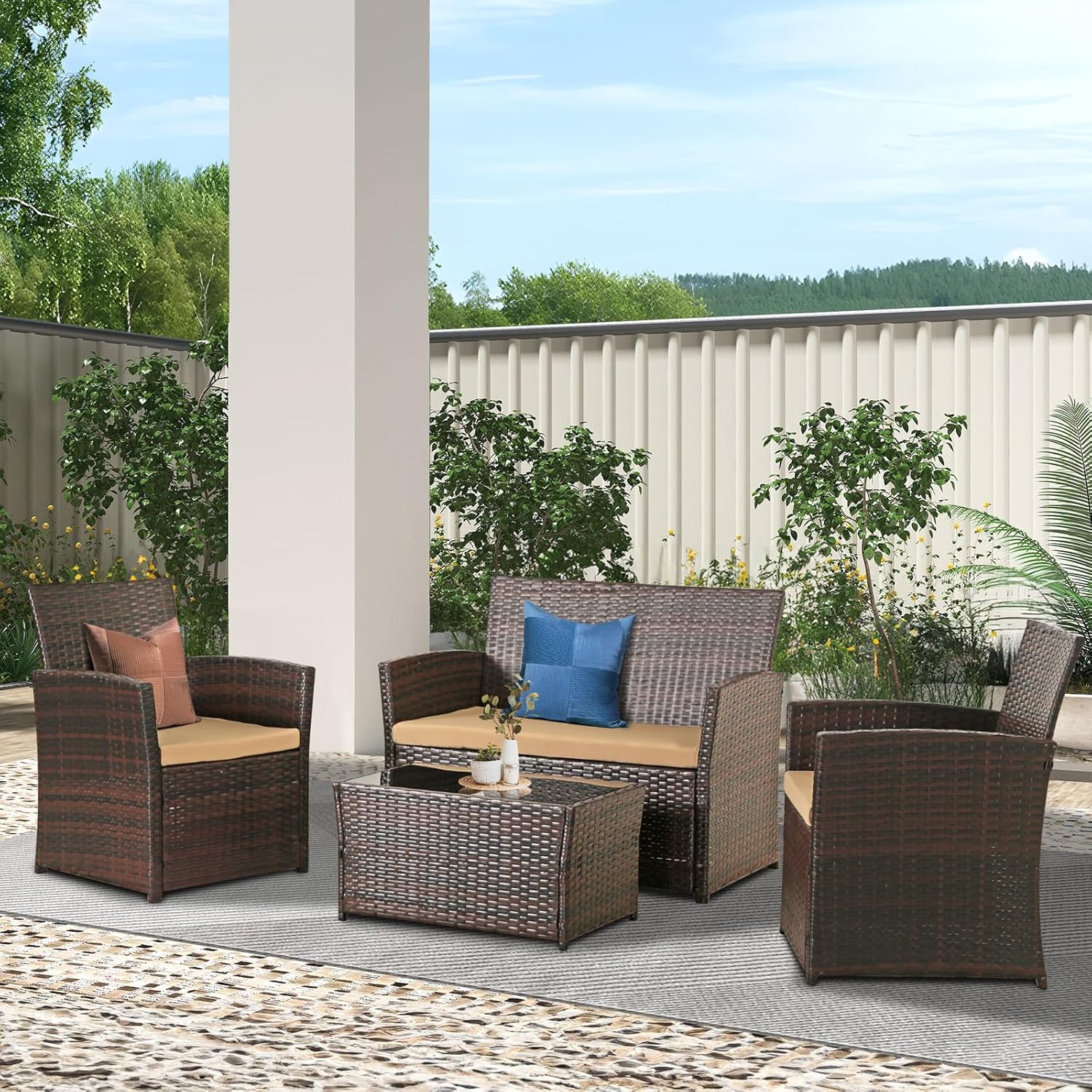 4 Piece Patio Furniture Set, Outdoor Wicker Conversation Sets with Cushion, Rattan Sofa Chair for Backyard Lawn Garden (Brown Wicker/Brown Cushion)