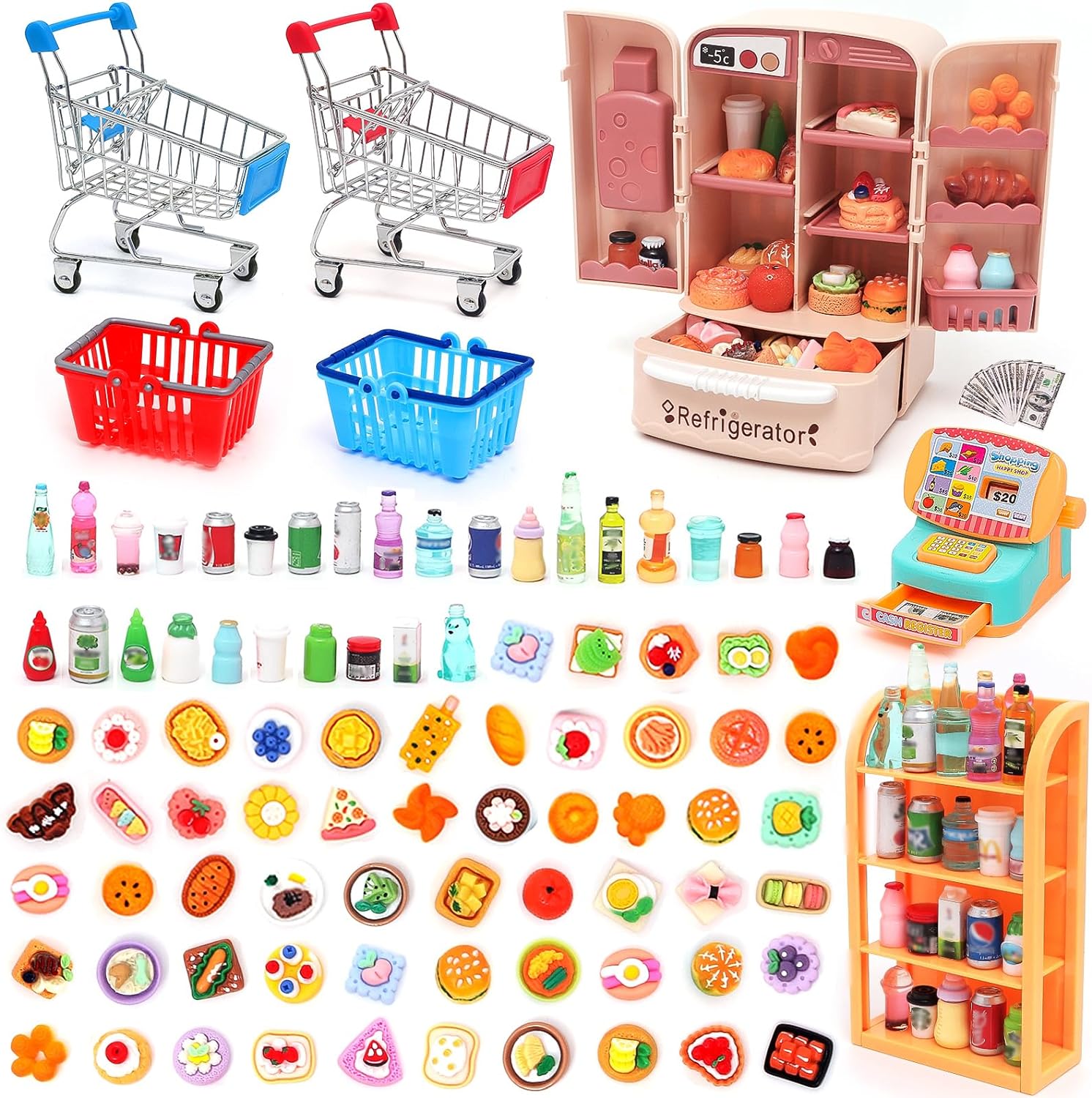 138 PCs Mini Shopping Cart Basket Miniature Food Drink Bottle Supermarket Metal Handcart Toy Doll House Store Dollhouse Grocery Trolley Model Dollar Bills Small Shelves Mimi Refrigerator Cash Register