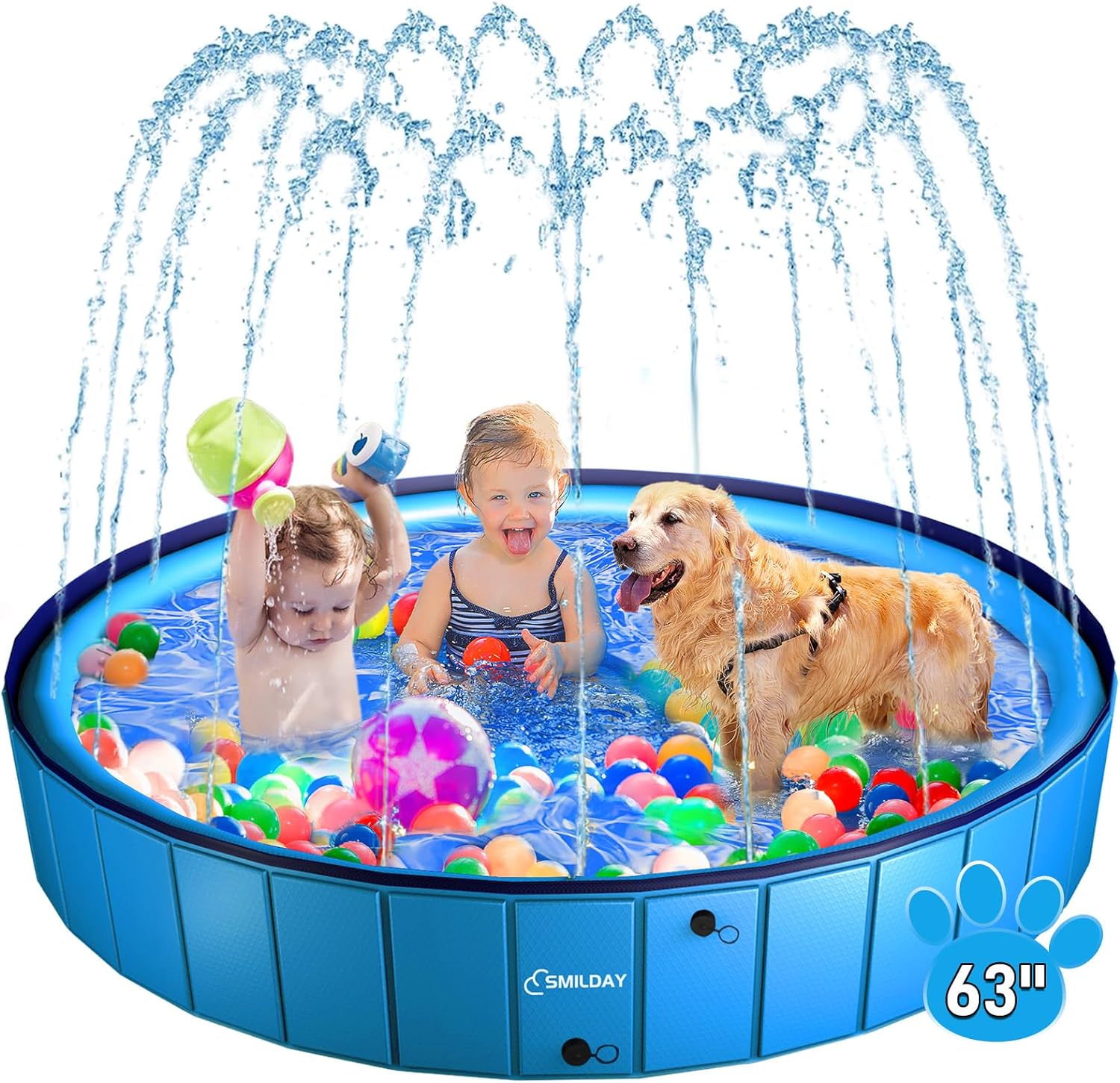 Dog Pool, Foldable Portable Swimming Pool, Hard Plastic Bathing Tub for Dogs Cats and Kids Pet Puppy Bathing Tub Collapsible Kiddie Pool (Blue with Sprinkler 63”)