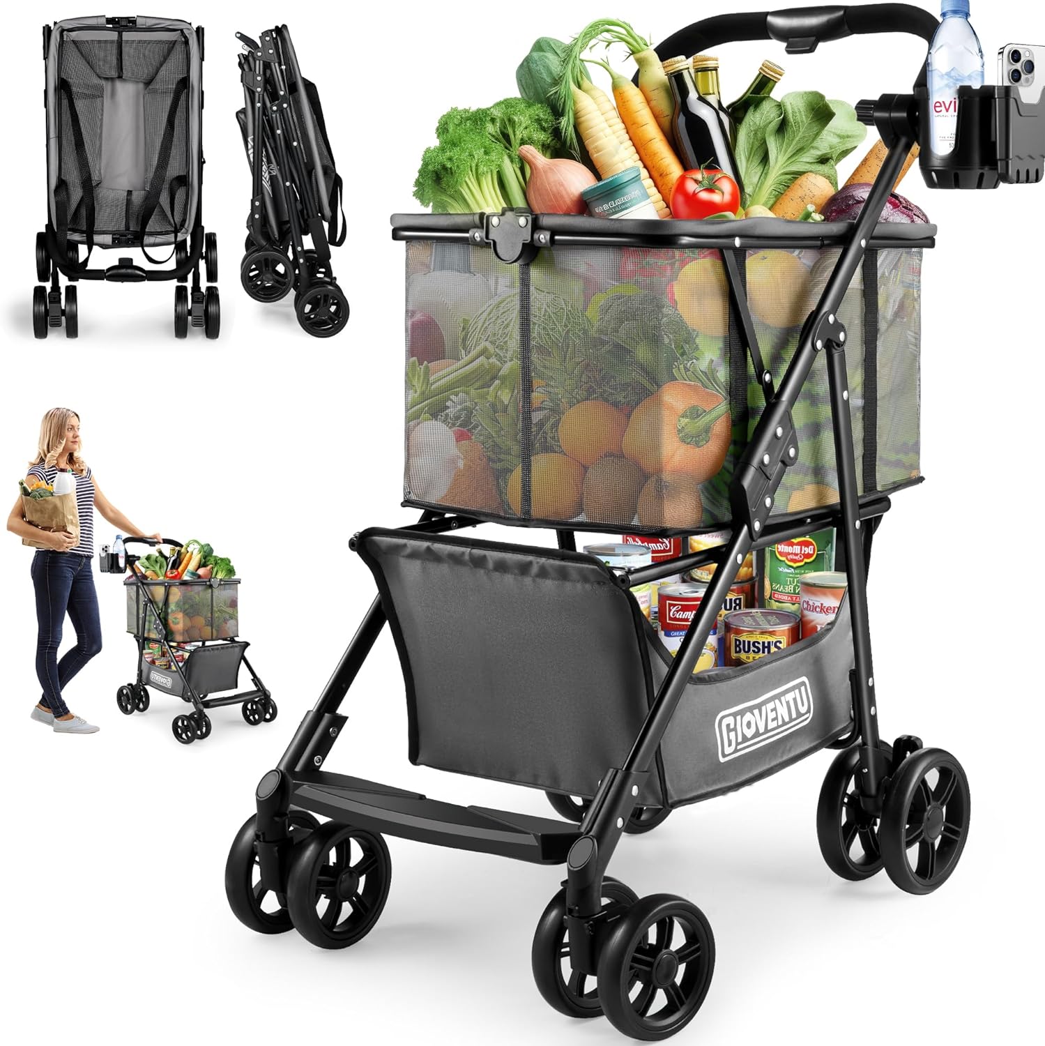 Multifunctional Folding Shopping Cart(Max 80lbs), Collapsible Grocery Cart with Removable Basket and Swivel Wheels, Easy One-Hand Fold, Portable Personal Shopping Cart for Laundry, Camping Gear etc