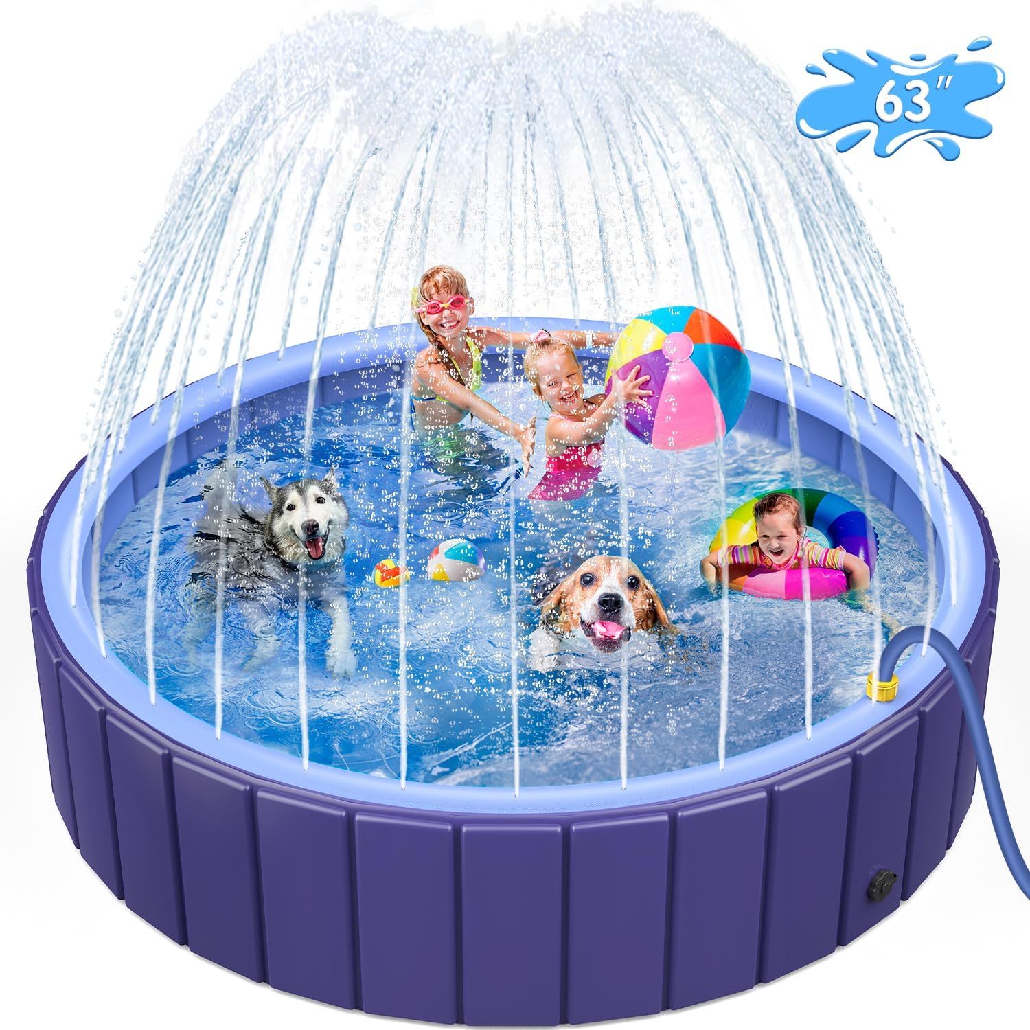 Dog Pool for Large Dogs 63″ XL, Foldable Kiddie Pool Heavy Duty, Collapsible Doggie Swiming Pools, Large Splash Sprinkler Pool for Outside Backyard, Non-Slip Pet Bath Tub for Dogs Cats Kids