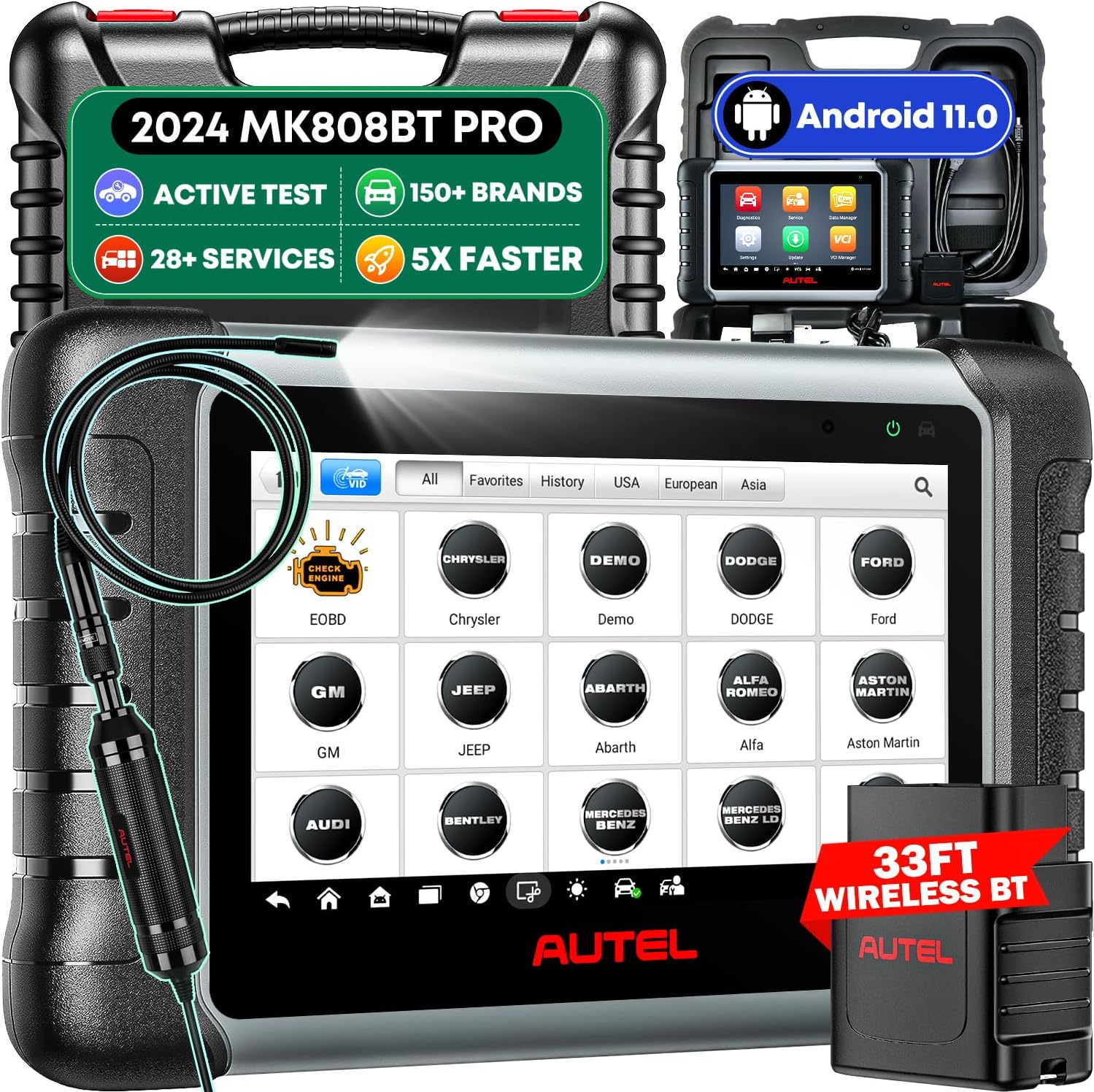 Autel MaxiCOM MK808BT PRO w/ $60 MV108S, Android 11, 2024 Full Bidirectional Scan Tool, Update of MK808BT MK808S MX808S MX808 MK808Z, 28+ Services, Active Test, All System, FCA AutoAuth, Work w/ BT506