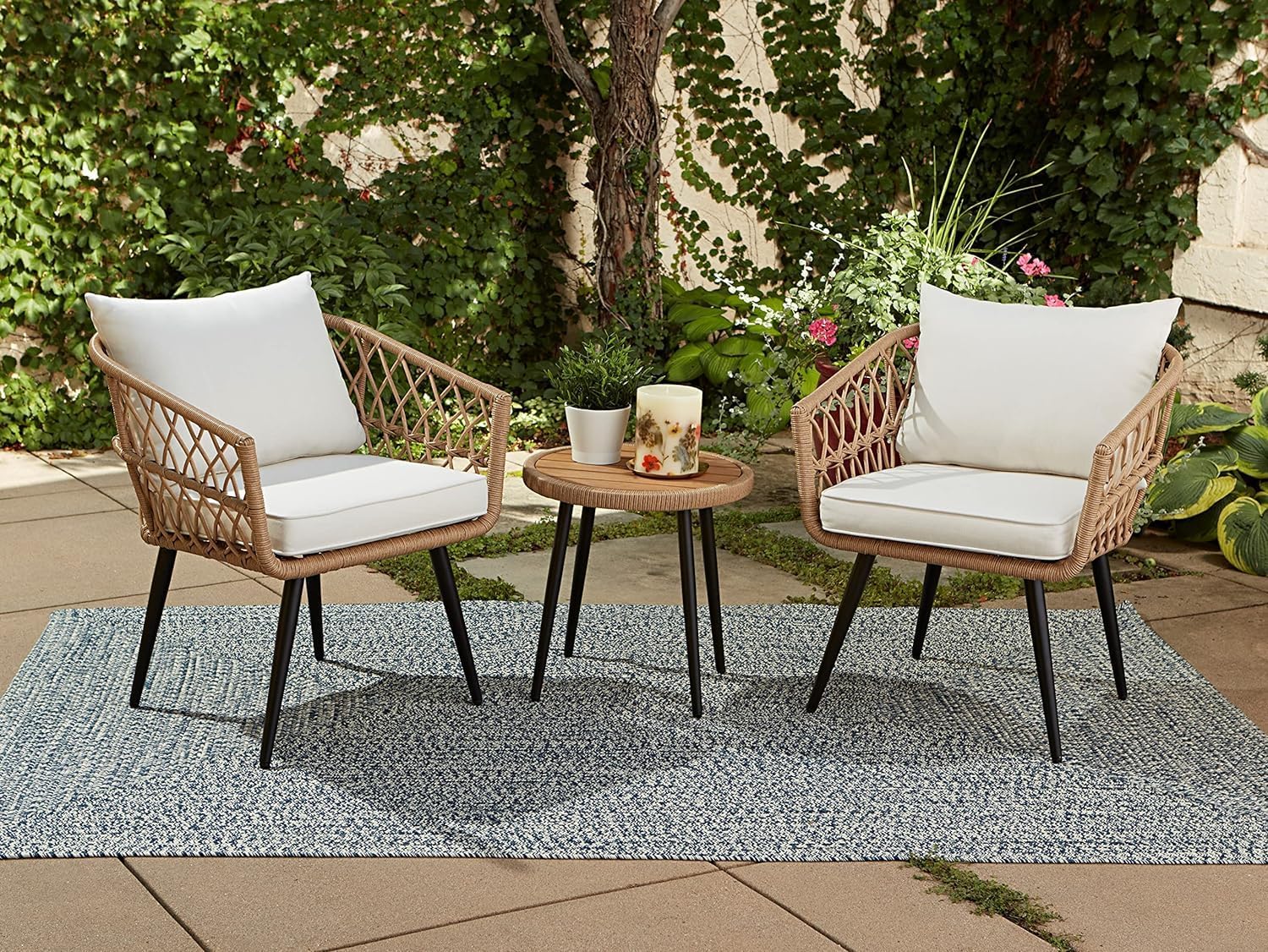 Quality Outdoor Living 65-YZ03HM Hermosa 3 Piece Chat Set, Aluminum Frame + Tan Wicker + Linen Cushions