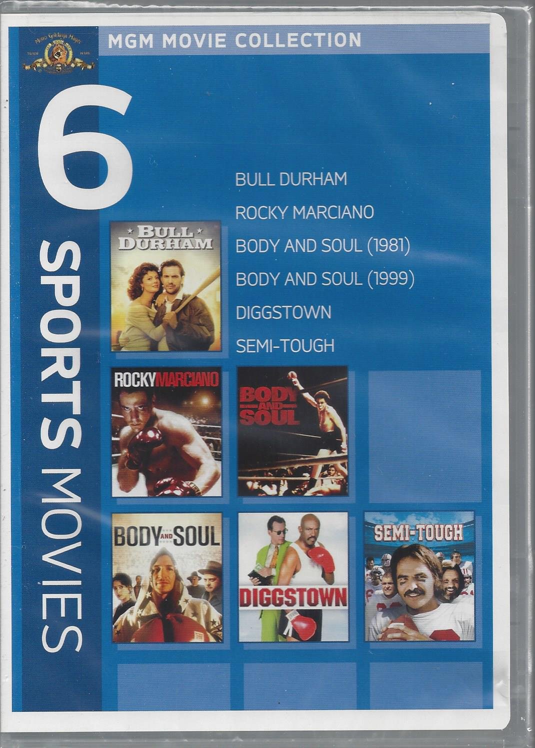 6 SPORTS MOVIES: Bull Durham; Rocky Marciano; Bod And Soul 1981; Body And Soul 1999; Diggstown; Semi-Tough DVDs