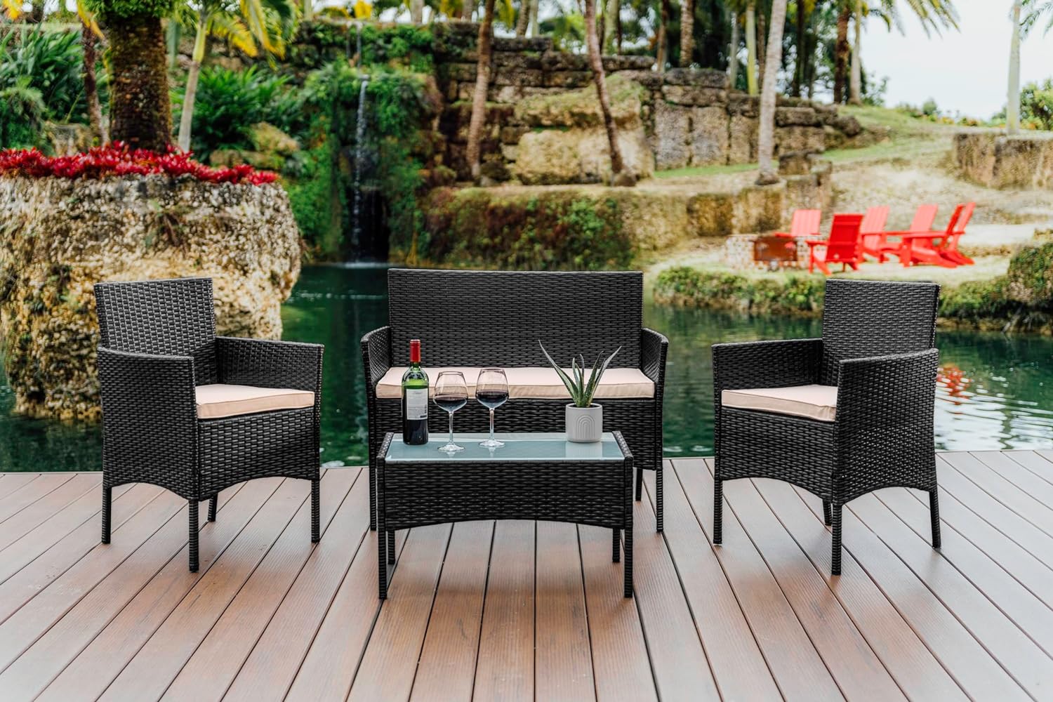 Nestl Wicker Patio Furniture Set – 4 Piece Patio Set with Patio Chairs Set of 2, Loveseat, Glass Top Coffee Table, Outdoor Furniture Sets for Backyard or Pool, Front Porch Furniture Set (Black/Beige)