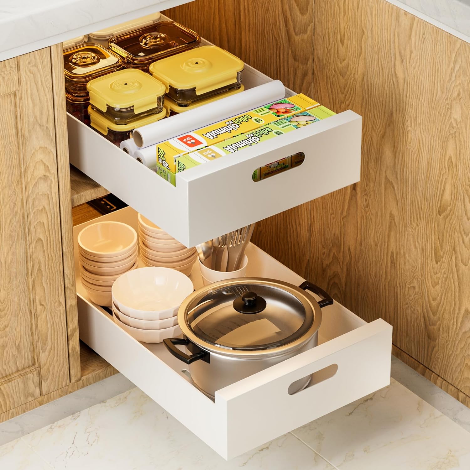 2 Pack | Pull Out Cabinet Organizer Adhesive, 10-Inch Wide Sturdy Carbon Steel Pull Out Drawers for Cabinets, Slide-Out Shelves for Pantry and Bathroom Vanity – 16.9” Depth x 3.1” Height.