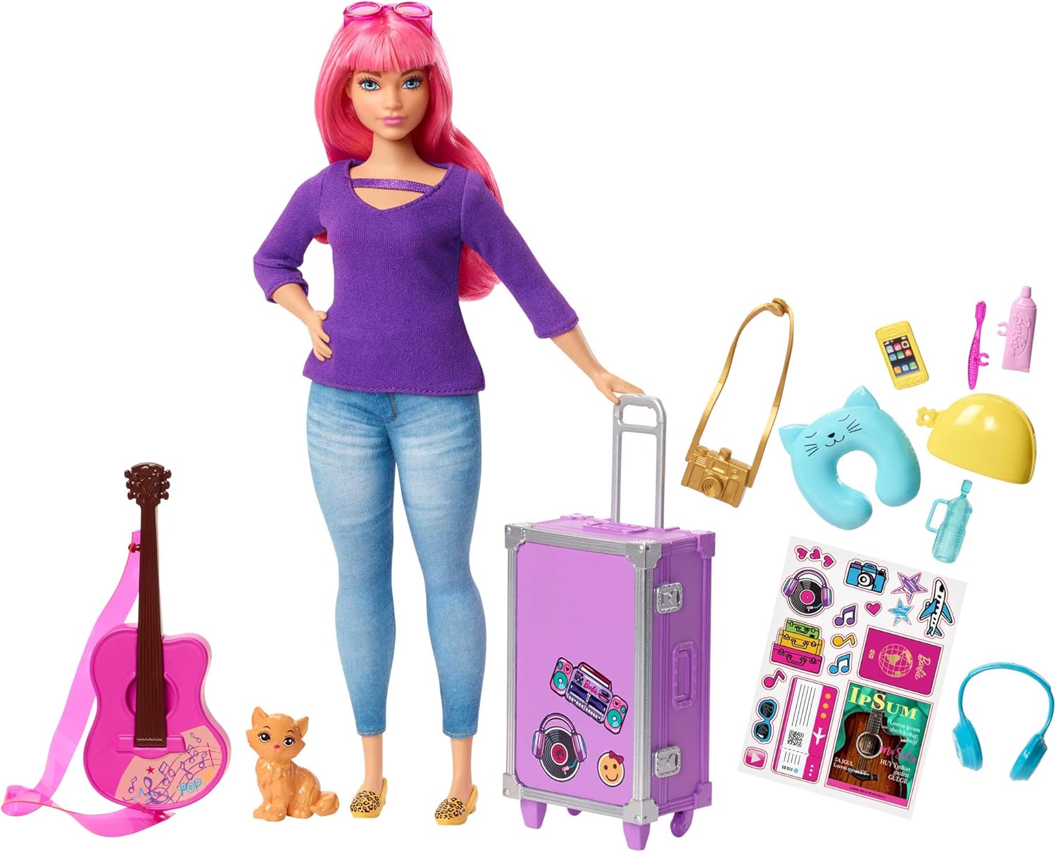 Barbie Dreamhouse Adventures Doll & Accessories, Travel Set with Daisy Doll, Kitten, Working Suitcase & 9 Pieces