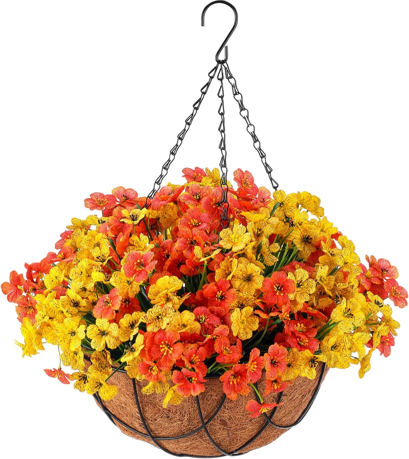 Artificial Hanging Flowers in Basket for Home Decoration Faux Orchid Arrangement Porch Plants Coconut Lining Basket for Courtyard Decor (Yellow, Orange,1Pack)