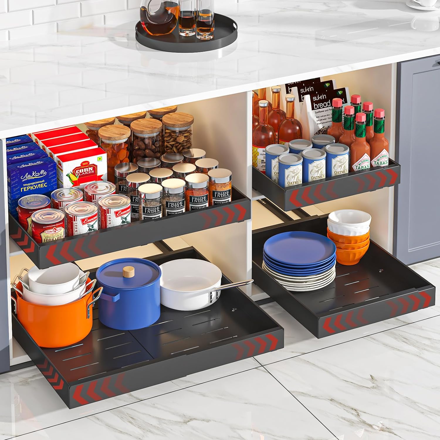 Pull Out Cabinet Organizer,2PCS 21″ Deep Expandable Heavy Duty Pull Out Drawers for Cabinets Fixed with Adhesive Film,Adjustable Peel Stick Slide Out Drawers for Kitchen Pantry Bathroom,No Screw,Black