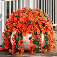 Artificial Fake Hanging Flowers Plants for Outdoor Summer Fall Decoration,2 PCS Faux Silk Fuchsia Orchid Long Vines Stems Bouquet UV Resistant for Wall Home Porch Patio Outside(Orange)