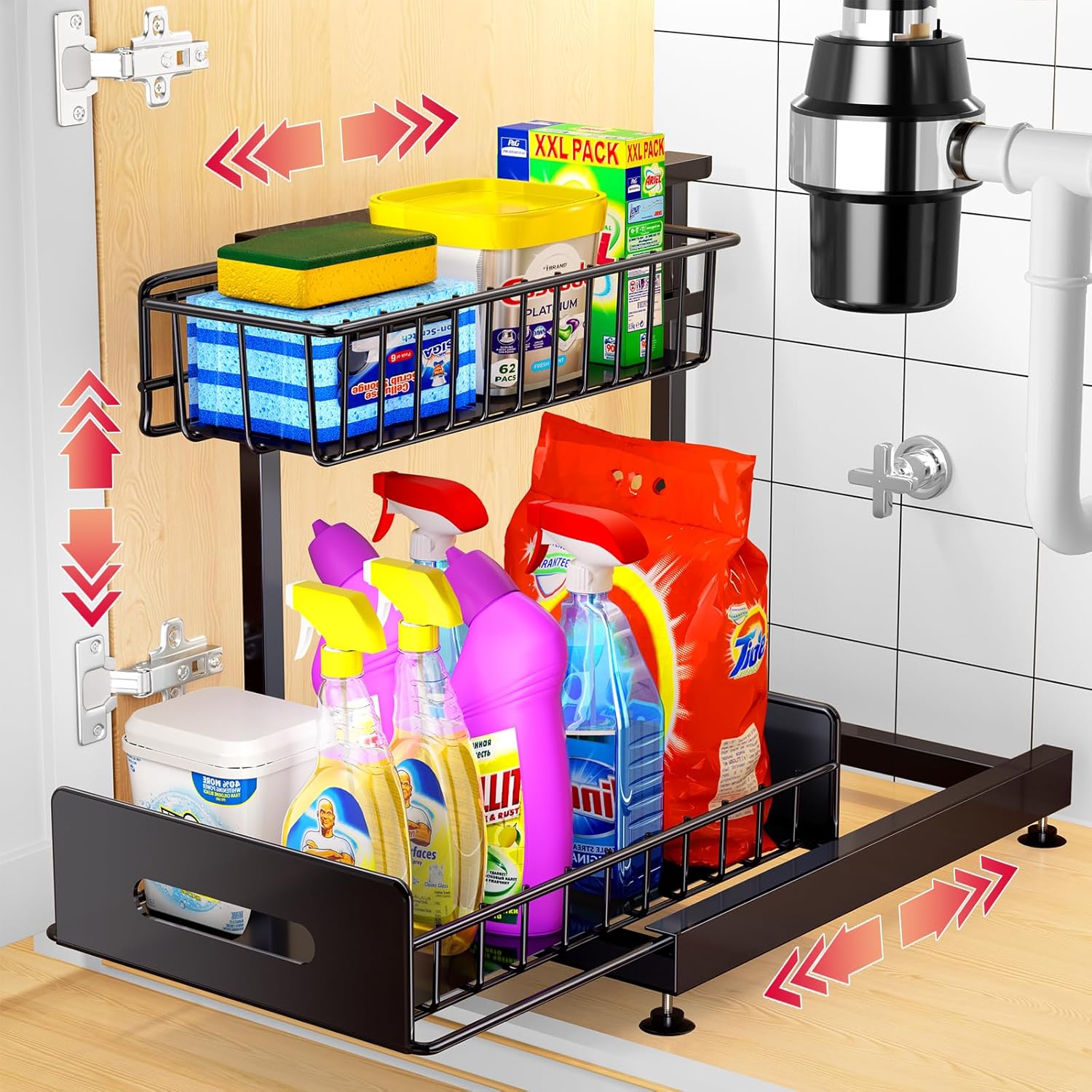 IHAITUN Under Sink Organizer and Storage, 2 Tier Pull Out Cabinet Organizer Slide Out Sink Shelf Cabinet Height Adjustable Storage Drawers Shelves for Kitchen Bathroom Cabinet Organization（Black）