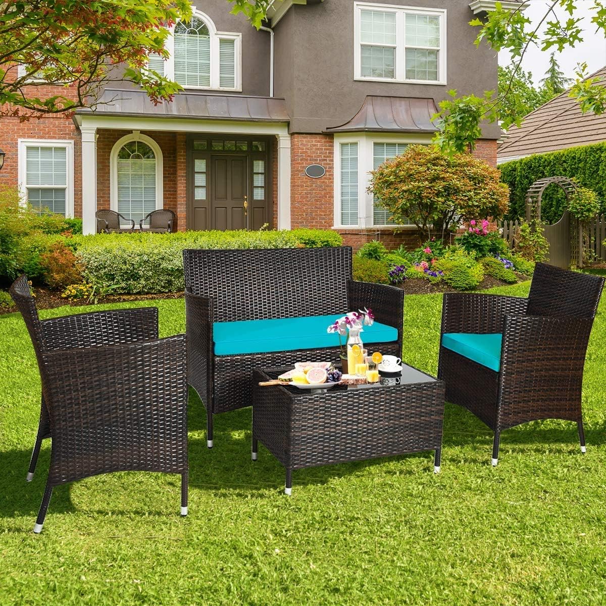 LUARANE 4-Piece Rattan Patio Furniture Set, Outdoor Wicker Sofa Couch Table Set, w/Thick Seat Cushions Tempered Glass Coffee Table, Conversation Set for Lawn Garden Poolside Backyard (Turquoise)