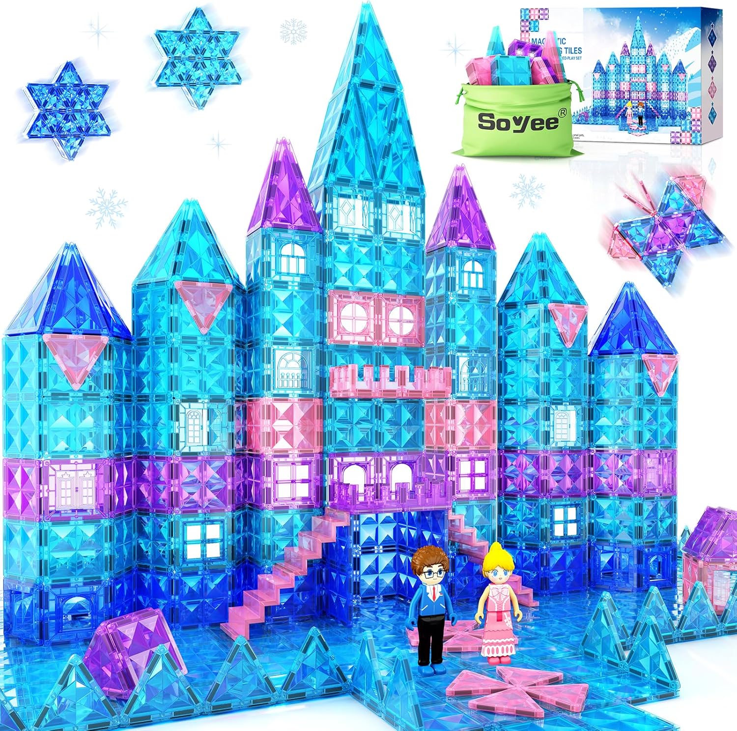 Frozen Toys for Girls Magnetic Tiles 102pcs with 2 Stairs 2 Dolls Princess Castle Building Toys Girls Toys Age 4-5 6-8 Magnetic Blocks Birthday Gifts & Toys for 3 4 5 6 7 8+ Year Old