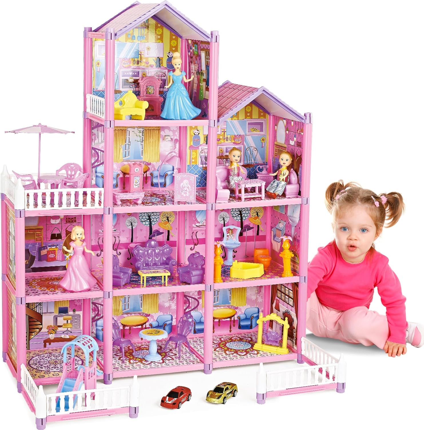 deAO Princess Dream Doll House,4-Story 9 Rooms Kids Play Dollhouse Playset with 2 Dolls Furniture & Accessories,Princess Castle Dollhouse Toy for 3 4 5 6 7 8+ Kids Girls Toys