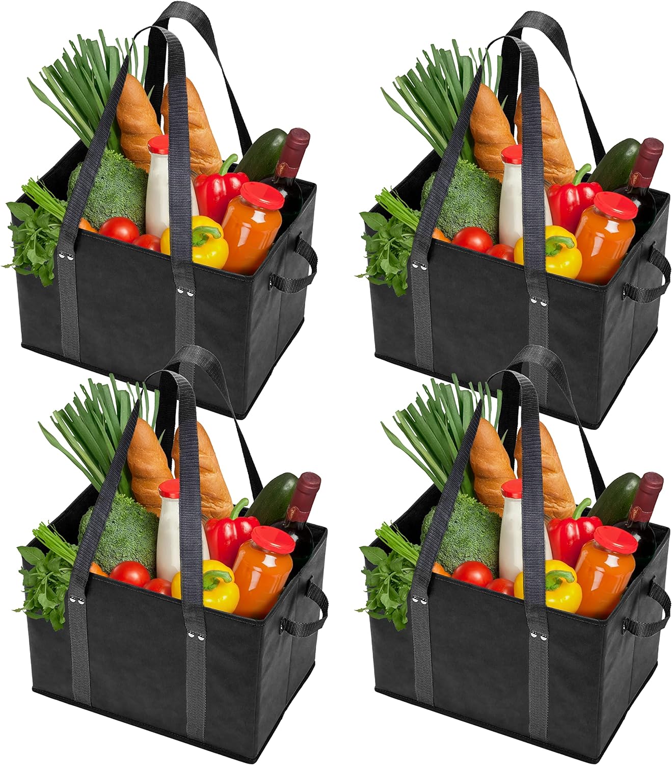 4pk Reusable Grocery Bags Shopping Bags Tote Box Large Heavy Duty Groceries Bag Handles Foldable Reinforced Bottom (Black)