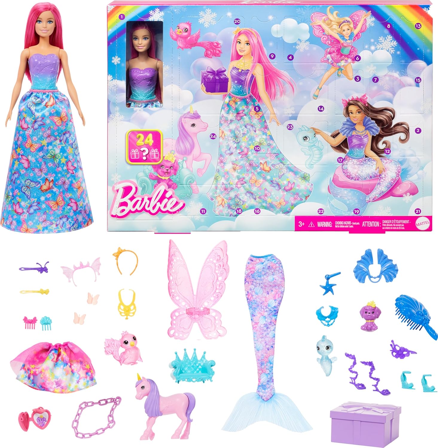 Barbie Advent Calendar with Doll & 24 Surprise Accessories Including Unicorn & 3 Pets, Transform Pink-Haired Fashion Doll into Mermaid, Fairy & More