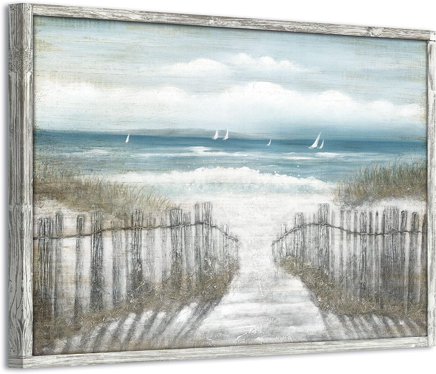 Wooden Wall Art Beach Pathway: Sandy Path with Fence Hand Painted Oil Painting Coastal Artwork Framed for Bathroom (16”Wx 11”H, Multi-Sized/Material)