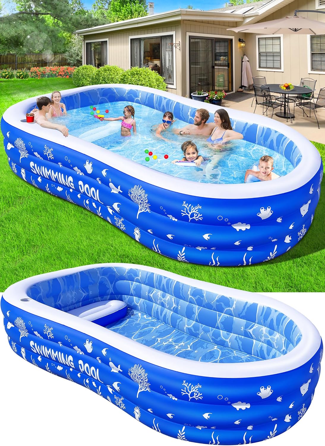 Inflatable Swimming Pool with Seats,2024 Oversized Thickened Blow Up Pool,Family Swimming Pool|Backyard Pool for Kids and Adults,116″x66″x24” above Ground Pool,Large Kiddie Pool for Toddlers,Outdoor