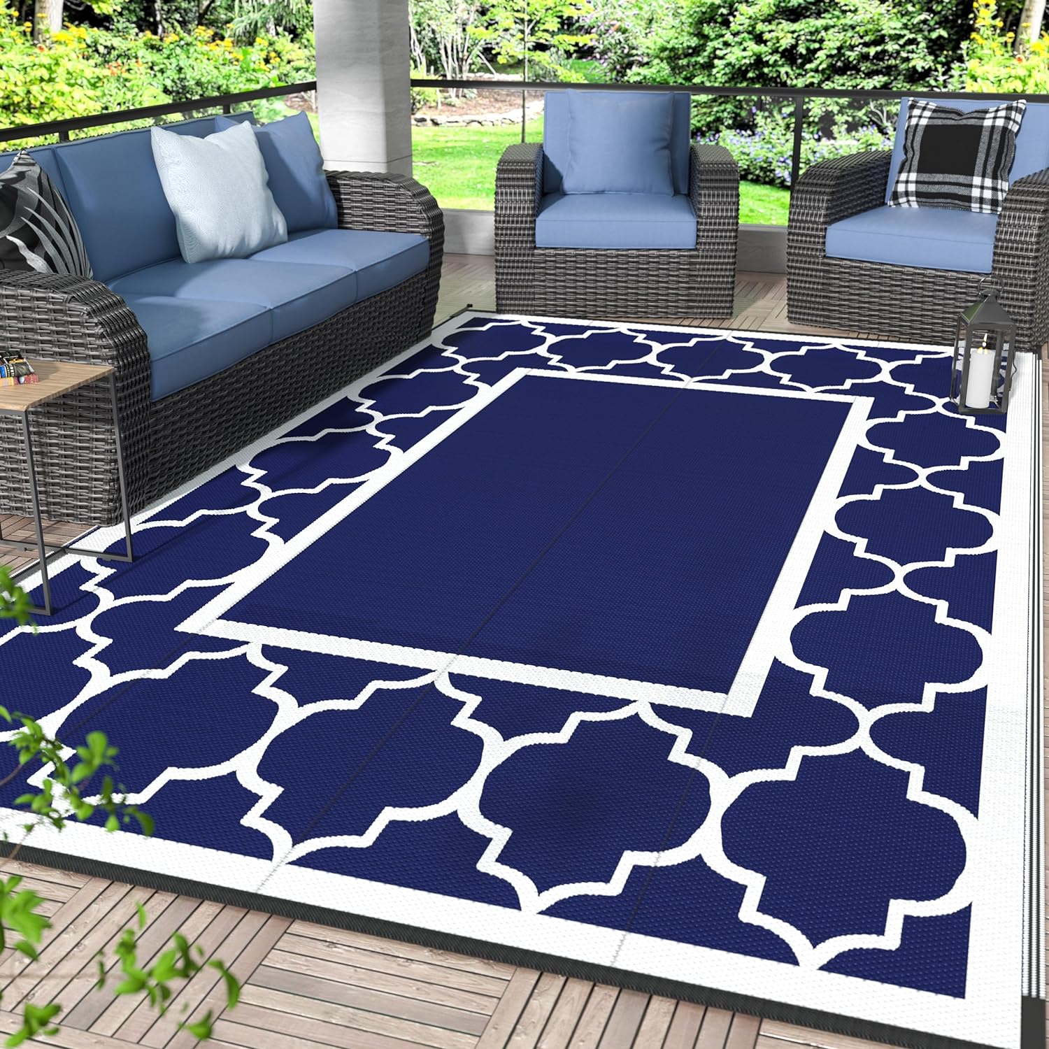 GENIMO 5′ x 8′ Outdoor Rug Waterproof for Patio Decor, Foldable Reversible Plastic Straw Area Rugs Mat for Camper, Outside Carpet for Rv, Deck, Porch, Picnic, Beach, Balcony, Blue & White