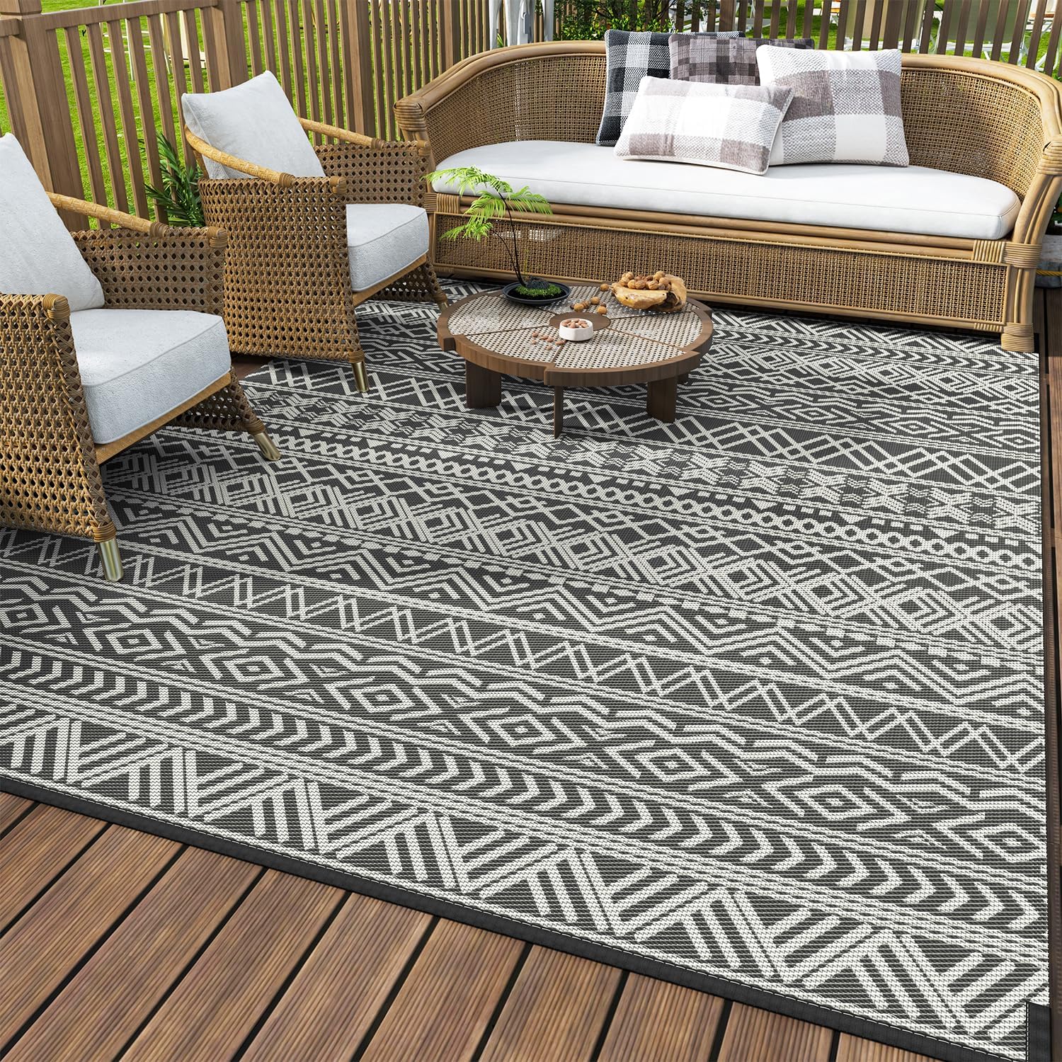 MontVoo-Outdoor Rug Carpet Waterproof 5×8 ft Reversible Patio Rug RV Camping Rug-Plastic Straw Rug Outside Indoor Outdoor Area Rug for Patio Deck Balcony Picnic Beach Outdoor Decor Boho Grey