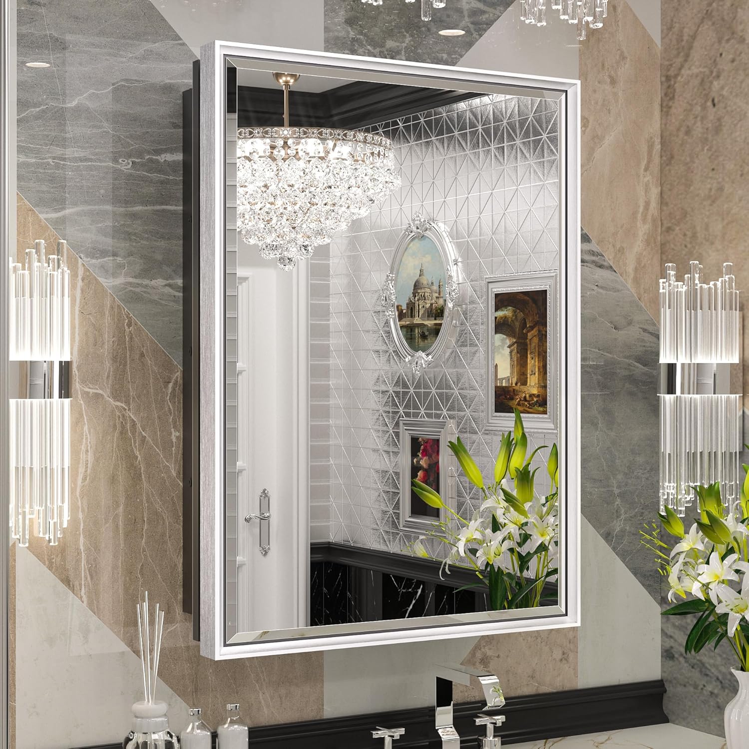 Keonjinn 17″ x 25″ Brushed Nickel Bathroom Medicine Cabinets with Mirror, Recessed or Surface Wall-Mounted Aluminum Alloy Framed Beveled Mirror, Single Door Silver Bathroom Mirror with Storage Cabinet