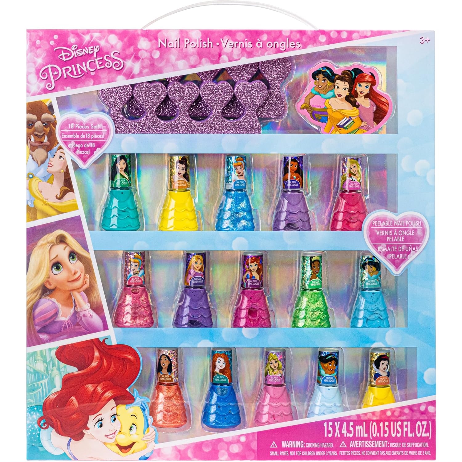 Townley Girl Disney Princess 15 Piece Water-Based Nail Polish with 3 Toe Spacers| Quick Dry| Peel Off| Gift Kit Set for Kids Girls| Ages 3