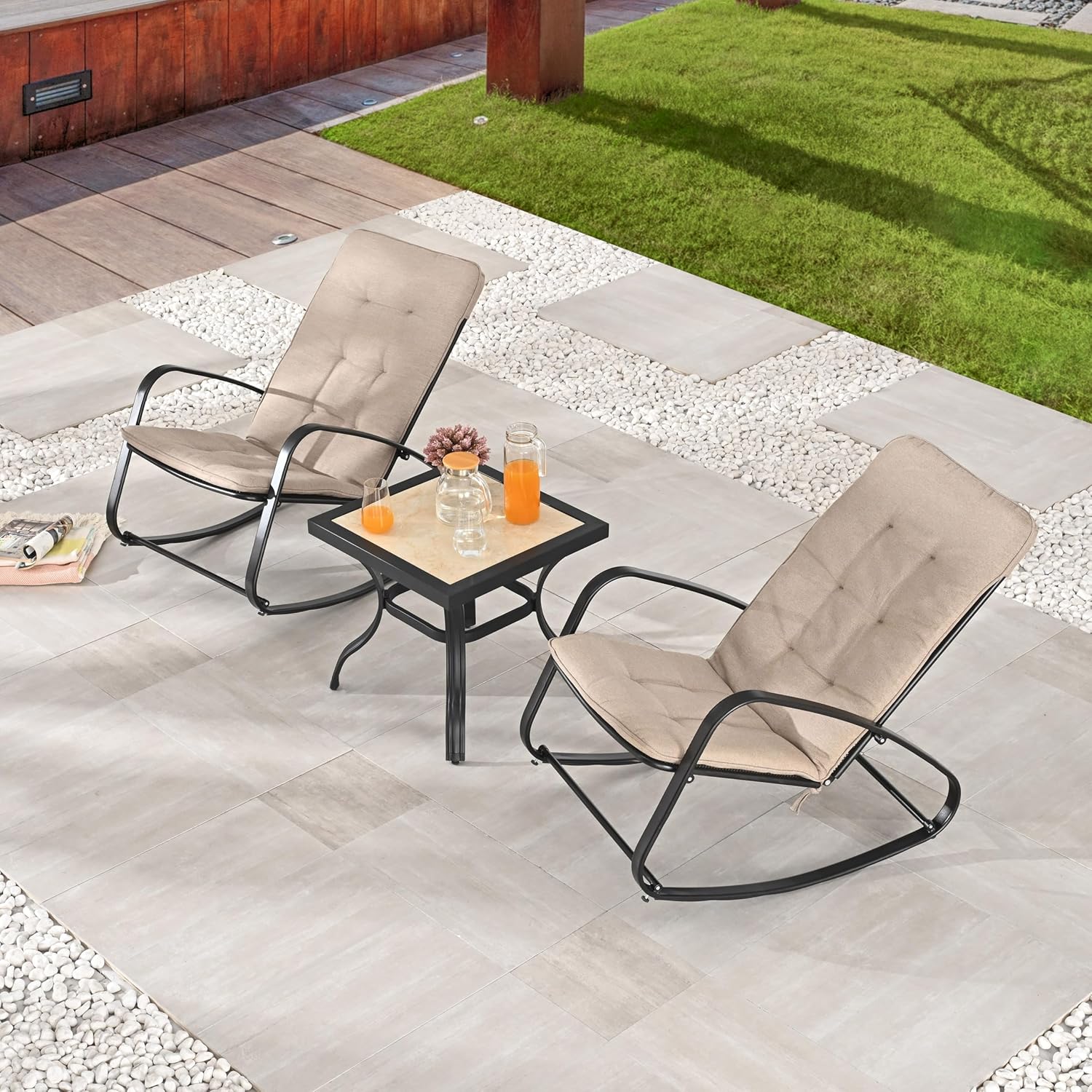 LOKATSE HOME 3 Piece Outdoor Bistro Set Patio Furniture with Rocking Armchair and Coffee Table, Beige