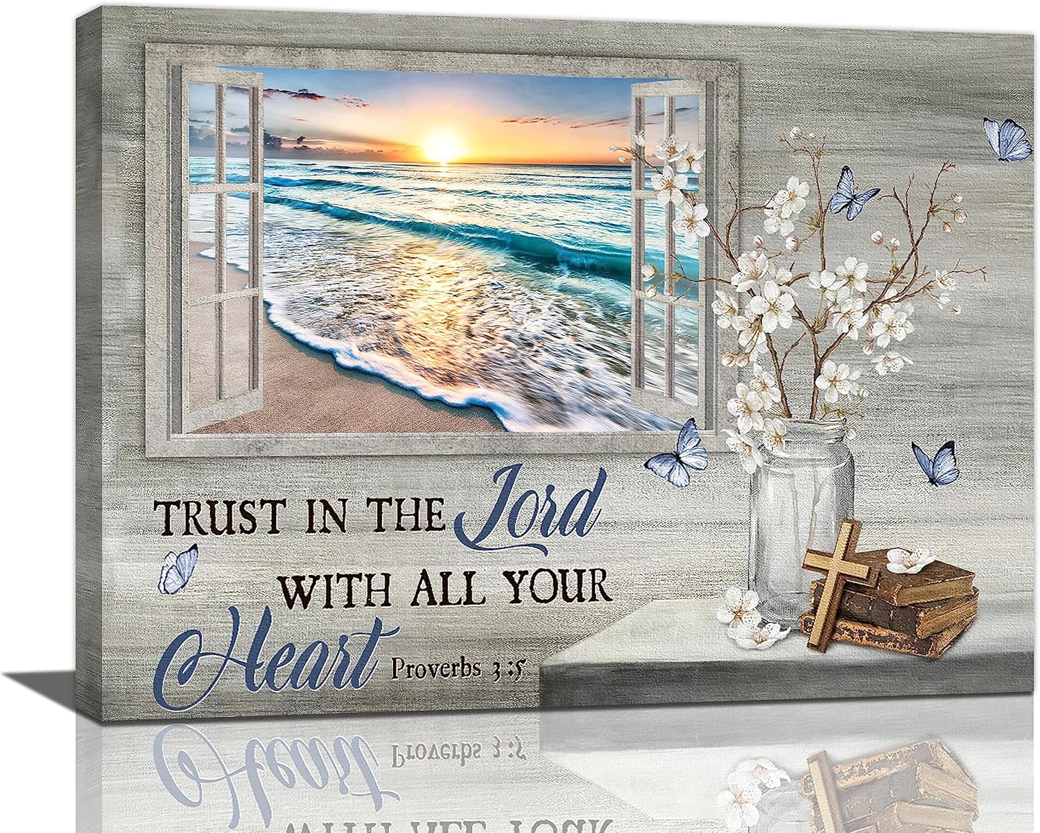 Tijuboni Christian Decor Wall Art Ocean Beach Flowers Coastal Pictures Wall Decor Scripture Canvas Painting Prints Modern Artwork Home Decoration for Bathroom Bedroom Living Room 12″x16″