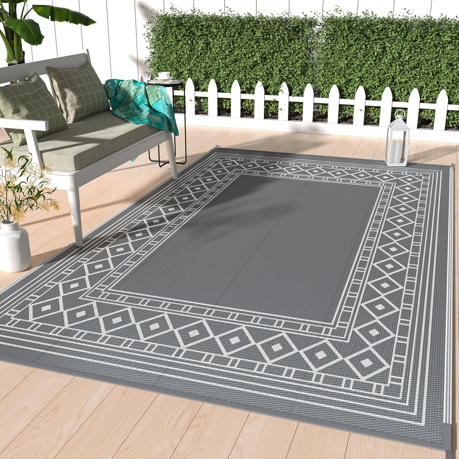 GENIMO Outdoor Rug 5’x8′ for Patio Clearance, Reversible Plastic Straw Outdoor Area Carpet Waterproof, Camping Outside Mat for Outdoor Decor, RV, Deck, Camper, Balcony,Picnic Grey & White…