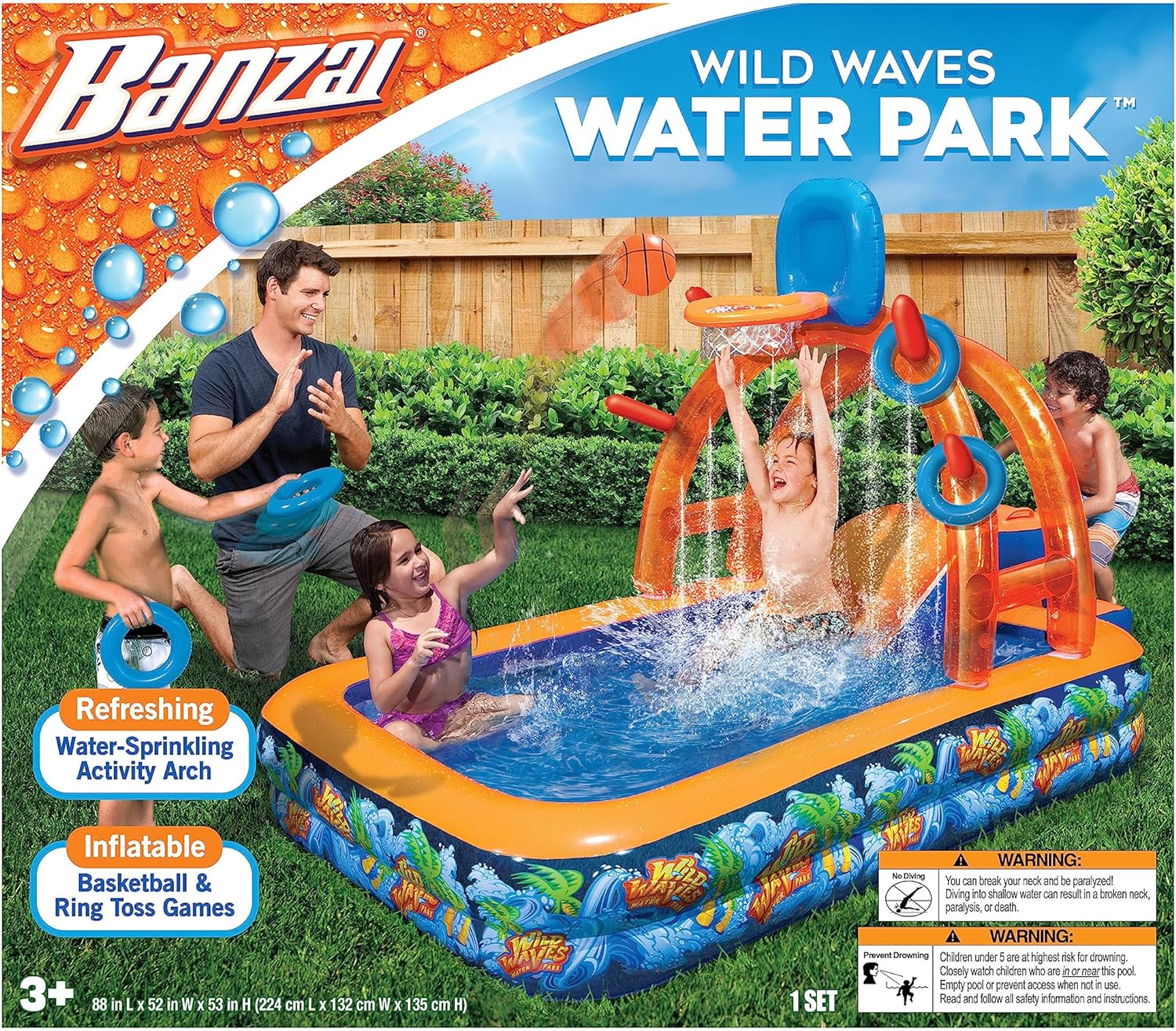 BANZAI Wild Waves Water Park, Length: 88 in, Width: 52 in, Height: 53 in, Inflatable Outdoor Backyard Water Splash Toy