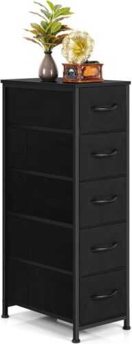 Ebeneze Narrow Dresser with 5 Drawers, Storage Cabinet, Slim Fabric Tower with Wheels, Wood Shelf, Bedroom Organizer Skinny Chest for Small Spaces, Bathroom, Living Room, Laundry, Closet, Black