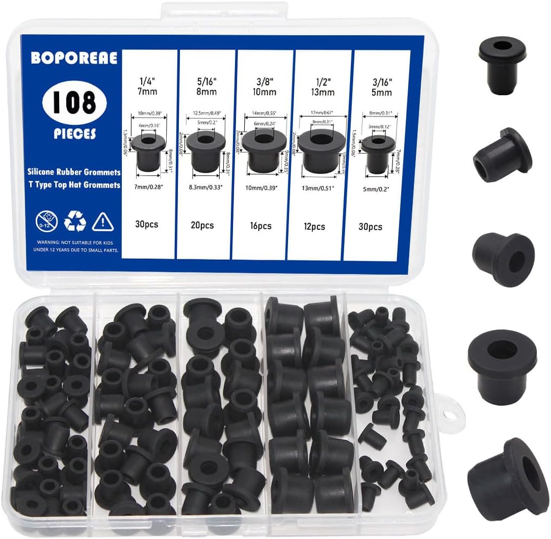 108PCS Tophat Silicone Rubber Grommets for Wiring Assortment Kit, Waterproof Automotive Firewall Wire Cable Hole Plugs, T-Type Hole Grommet for Desk Water Pipe Tubing Hydroponic Irrigation