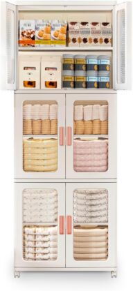 Storage Bins with Lids and Doors Storage Cabinet with Wheels Plastic Stackable Pantry Cabinet Cupboard Closet Foldable Kitchen Collapsible Storage Bins for Book Snack and Bathroom Organizer