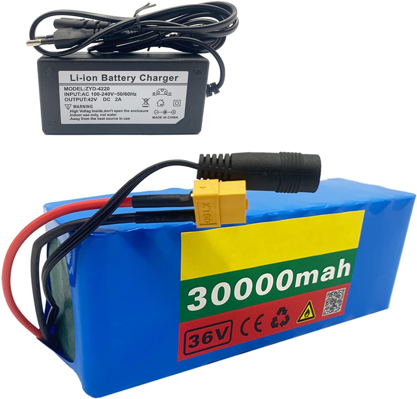 36V 30Ah E-Bike Lithium-Ion Battery, for 150W-500W Motor, Rechargeable Replacement Battery Pack, with 42V 2A Charger Built-in BMS