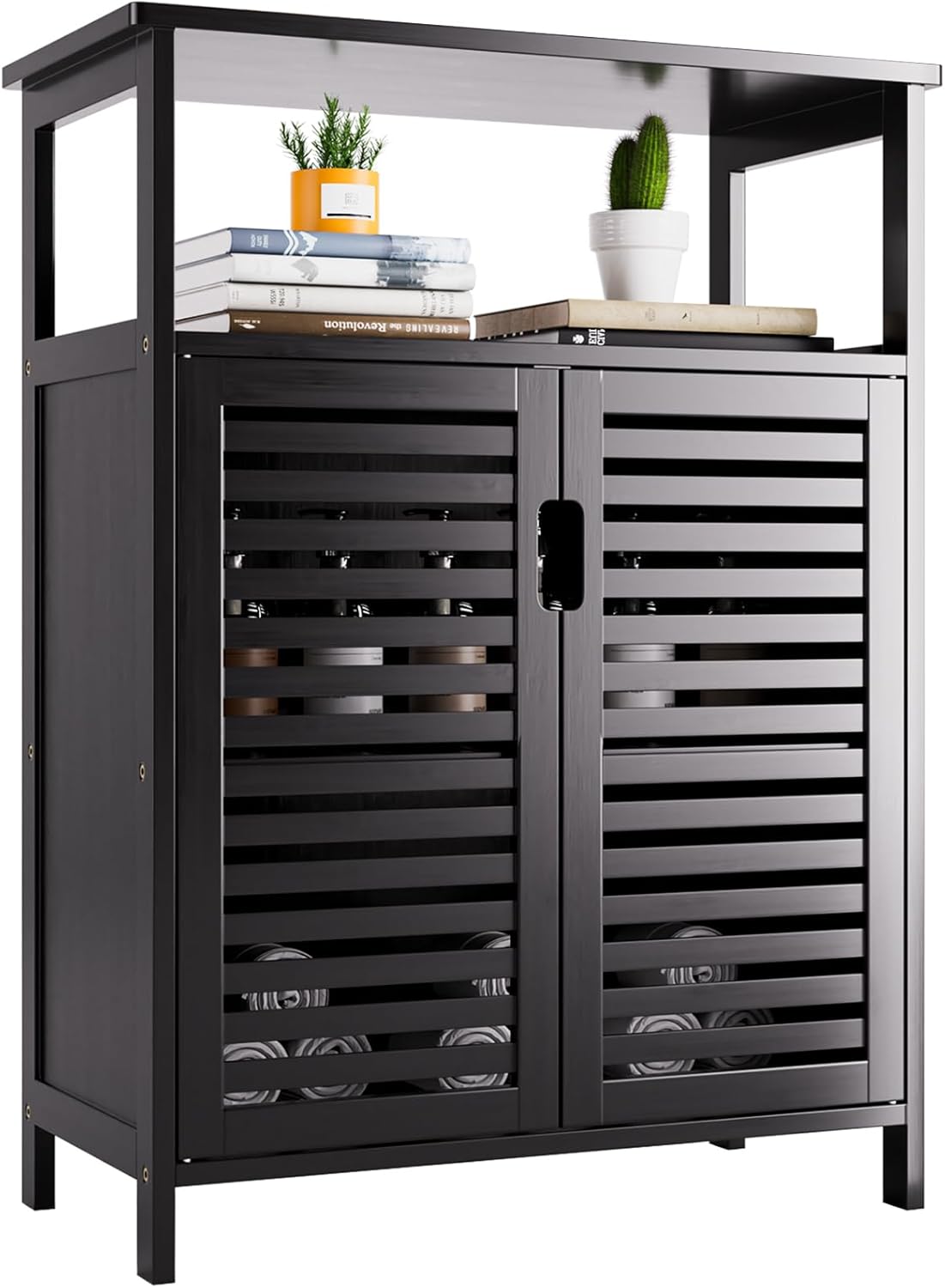 HITNET Black Floor Cabinet, 4-Tier Bathroom Storage Cabinet, Small Kitchen Cupboard, Freestanding Space Saver Organizer with Double Shutter Doors