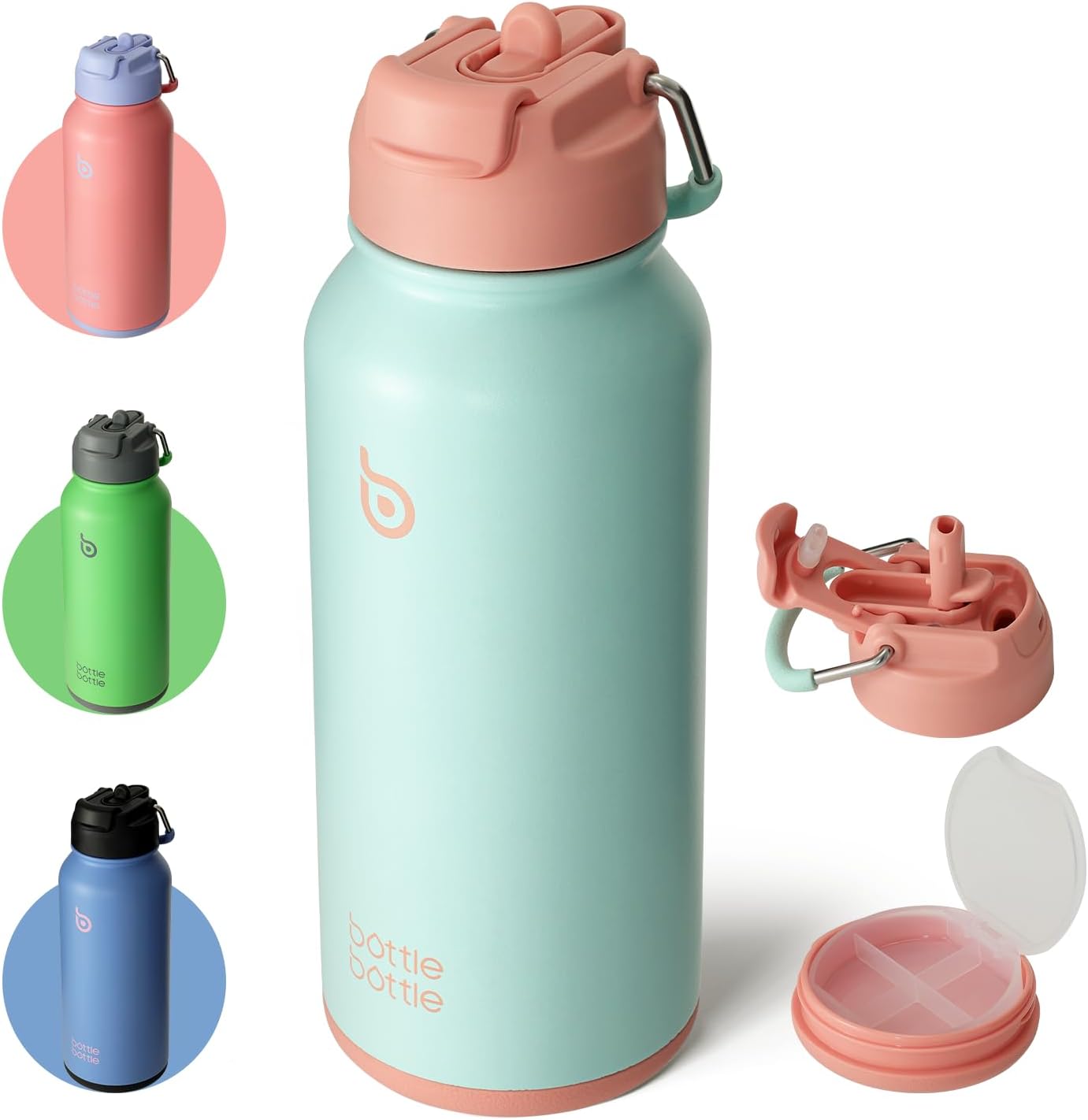 BOTTLE BOTTLE 32oz Insulated Water Bottle Stainless Steel Sport Water Bottle with Straw Dual-use Lid Design for Gym with Pill Box (dreamy ocean)