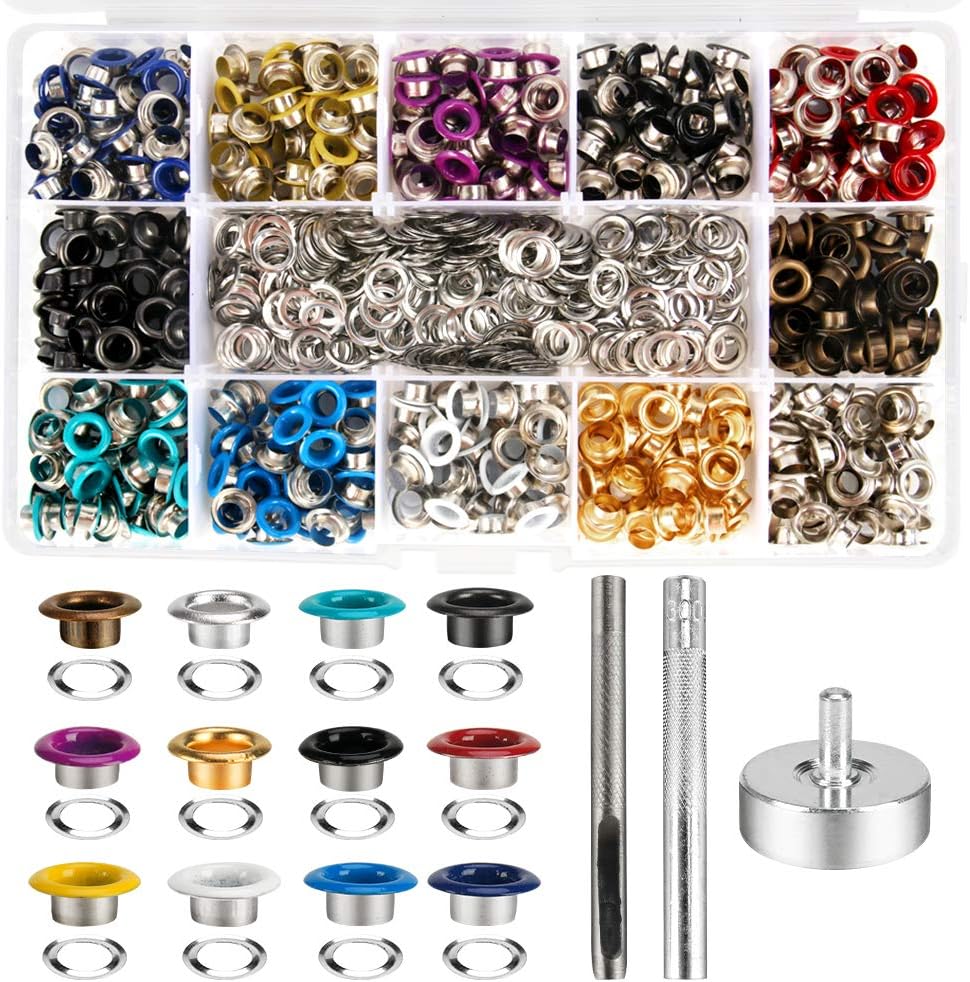 Metal Eyelets, 600Pcs 12 Colors 3/16 inch Metal Grommets Kit, Multi-Color Grommets Kit, Metal Eyelets Set with 3 Pieces Installation Tool and Storage Box for DIY Shoes Clothes Crafts Bag