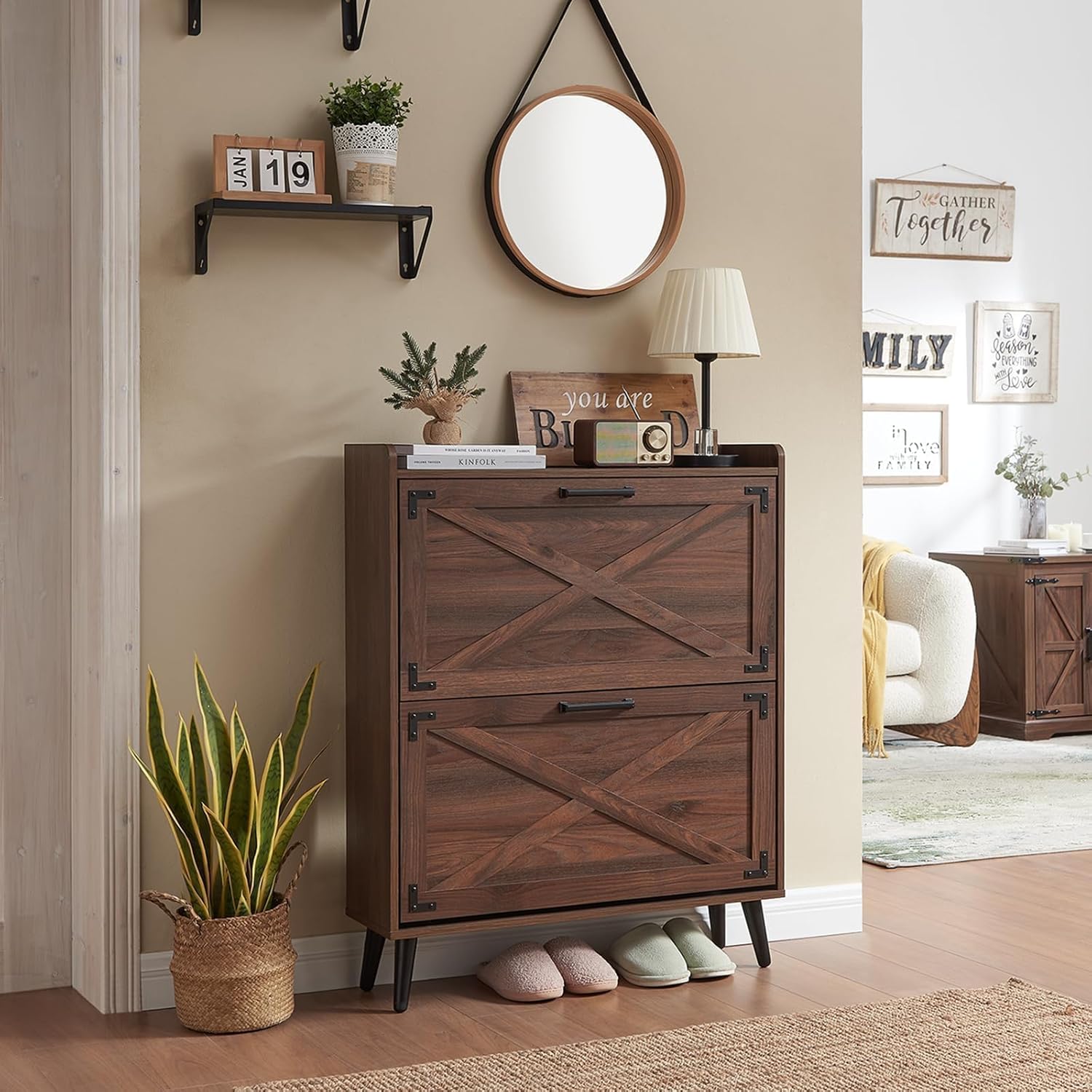 Shoe Storage Cabinet,Farmhouse Shoe Organizer with 2 Flip Drawers & Barn Door Design,Freestanding Hidden Slim Narrow Shoe Rack Cabinet for Entryway,Foyer,Hallway,Walnut