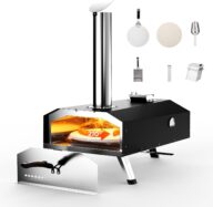 12″ Wood Pellet Outdoor Pizza Oven,Wood Fired Portable Pizza Maker with Rotatable Pizza Stone, Countertop Pizza Grill for Backyard and Outside, Black