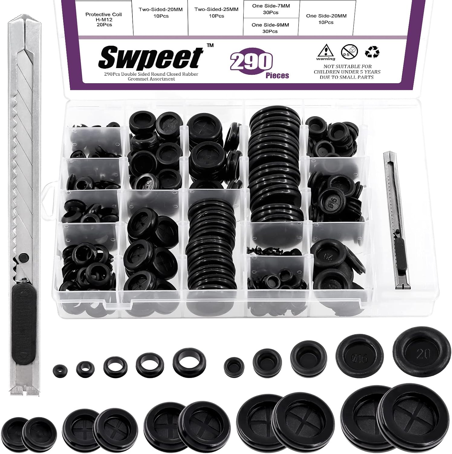 Swpeet 290Pcs 3 Types Closed/Double Sided/Eyelet Ring Gasket Rubber Grommet with Craft Knife Kit, Firewall Hole Plug Round Rubber Plug Hole Grommets Rubber Gasket for Auto Car Wire Cable