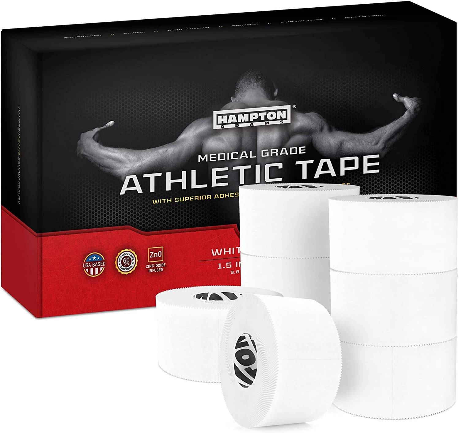 White Sports Medical Athletic Tape – No Sticky Residue & Easy to Tear – for Athletes, Trainers & First Aid Injury Wrap: Fingers Ankles Wrist – 1.5 Inch x 15 Yards per Roll (White, 8-Pack)