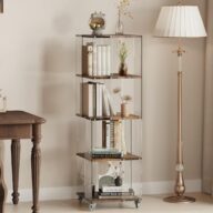 4 Tier Display Cabinet, Bookshelf, Bookcase, Display Shelf with Wheels, Floor Standing Curio Cabinet, Book Shelf with Acrylic and Wood, Display Case Trophy Case for Living Room Study