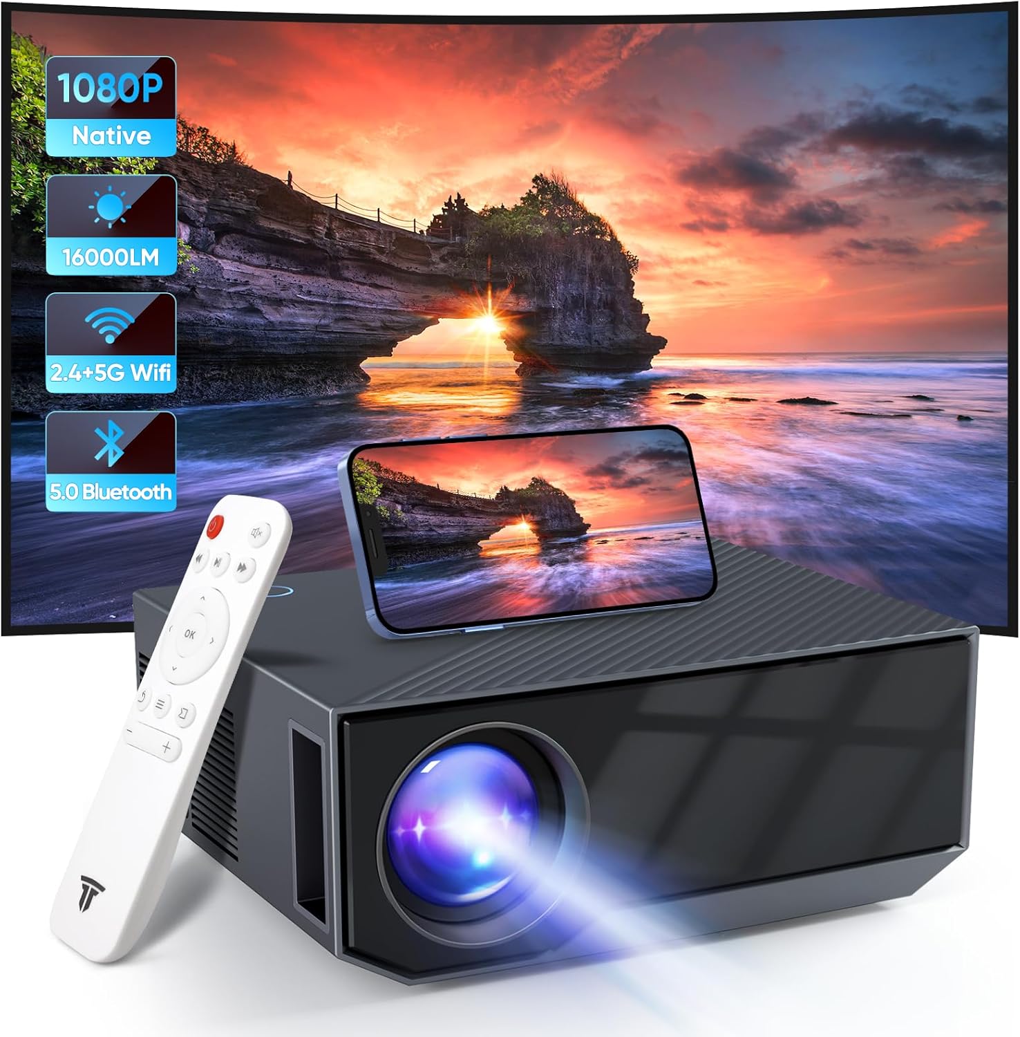 Projector with WiFi and Bluetooth,Wielio Portable Mini Projector,Native Full HD 1080P Outdoor Movie Projector,Smart Projector Compatible with Android/iOS/Windows/TV Stick/HDMI/USB