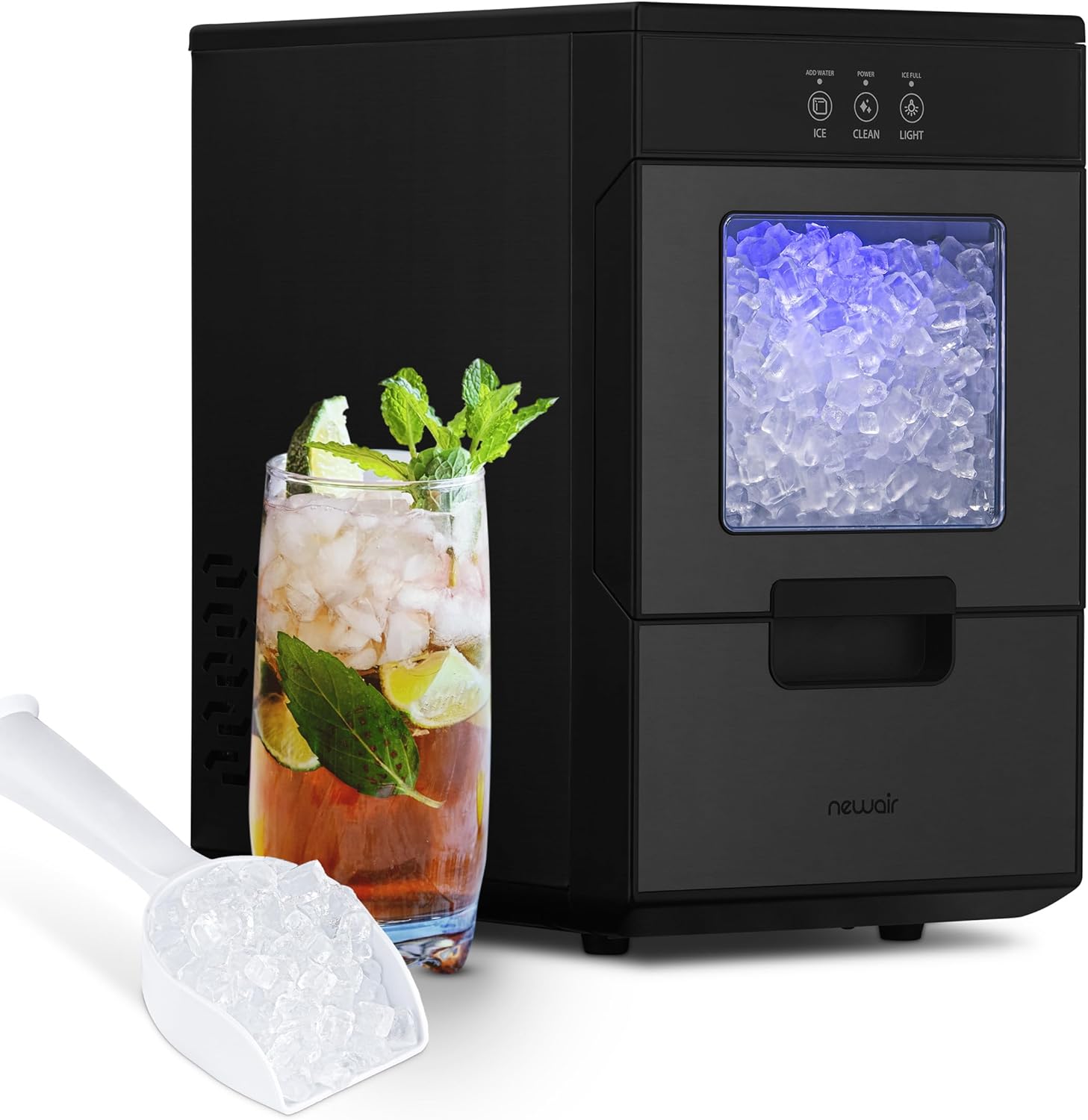 Newair Nugget Ice Maker Countertop – 44lbs/Day, Countertop Sonic Ice Machine, Self-Cleaning & Refillable Water Tank, Pebble Ice Maker, Ideal for Home Office, Kitchen or Bar | Black Stainless Steel