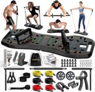 LALAHIGH Portable Home Gym System: Large Compact Push Up Board, Pilates Bar & 20 Fitness Accessories with Resistance Bands Ab Roller Wheel – Full Body Workout for Men and Women, Gift for Boyfriend